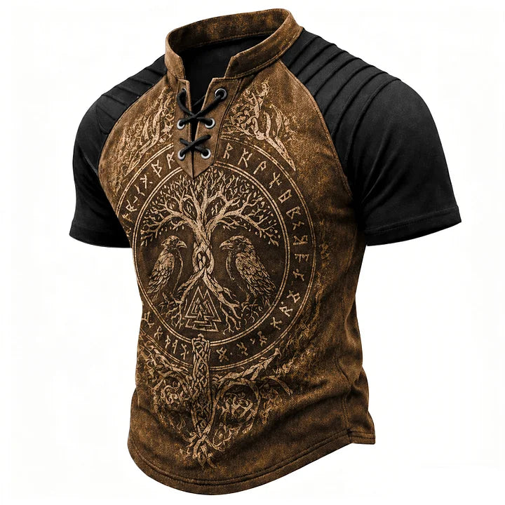 Cardydony Retro Viking Casual Color Block Printed Cotton Linen Top