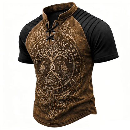 Cardydony Retro Viking Casual Color Block Printed Cotton Linen Top