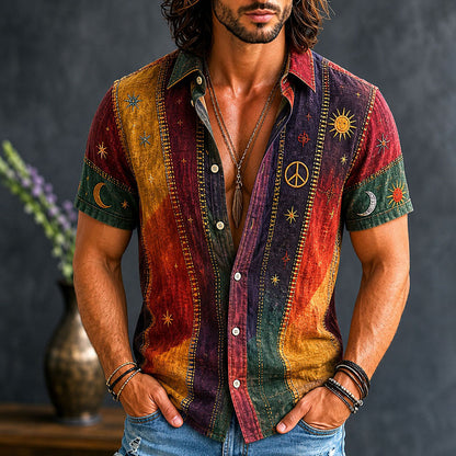 Cardydony Men's Vintage Patchwork Peace Sign Sun Moon Star Art Print Cotton Linen Shirt