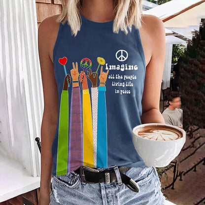 Cardydony Retro Hippie Imagine All The People Living Life In Peace Print Tank Top