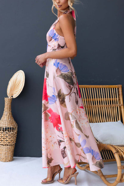 Cardydony Women's Floral Print V-neck Backless Tie-up Fitted Waist Elegant Maxi Dress