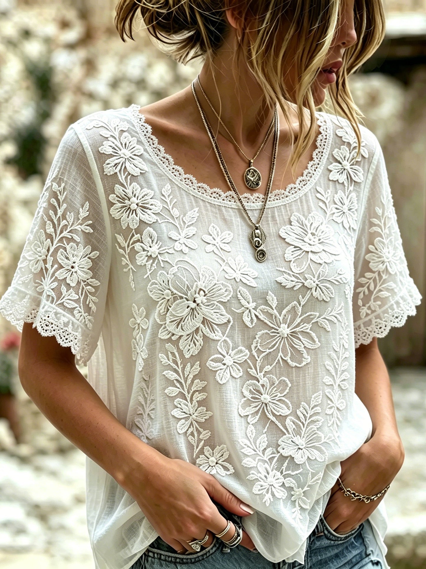 Cardydony Women's Retro Bohemian Style Floral Embroidery Print Lace Short-sleeve Top