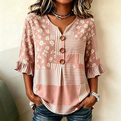 Cardydony Women's Retro Striped Floral Print Casual Top