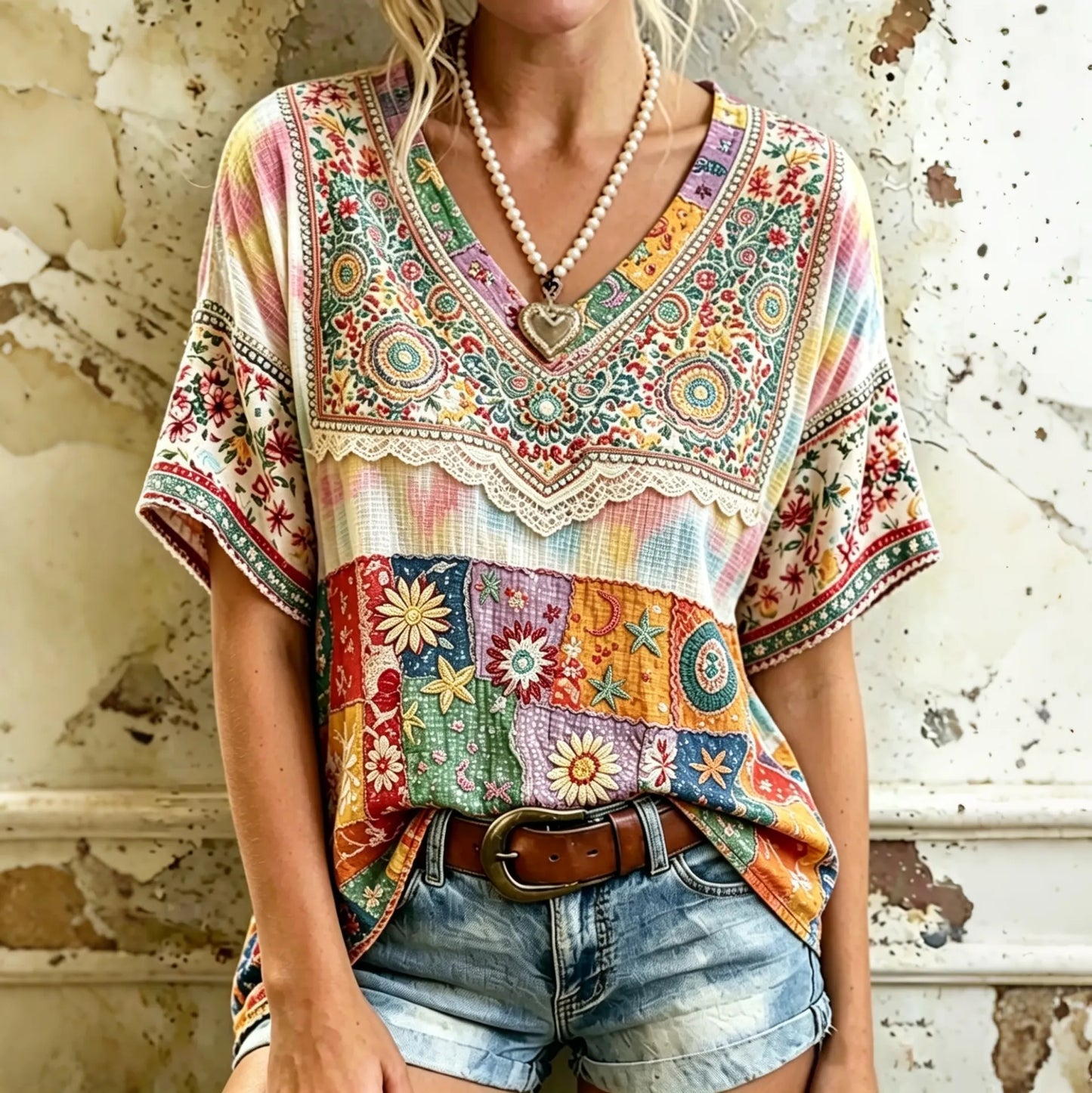 Cardydony Women's Vintage Hippie Floral And Stars Pattern Art Embroidered Linen Blend V Neck Shirts