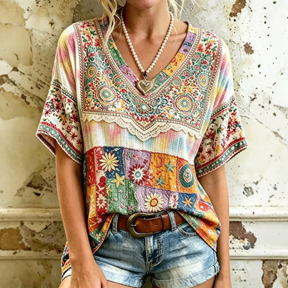 Cardydony Women's Vintage Hippie Floral And Stars Pattern Art Embroidered Linen Blend V Neck Shirts