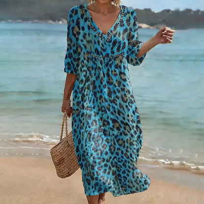 Cardydony Women's Leopard Art Pattern Linen Blend Loose Three-quarter Sleeve V Neck Dress