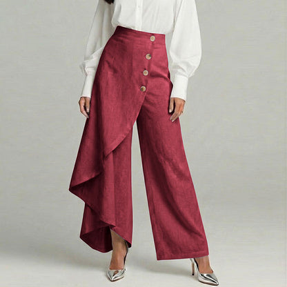Cardydony Women's Casual Retro Irregular Ruffles Button Cotton And Linen Pants