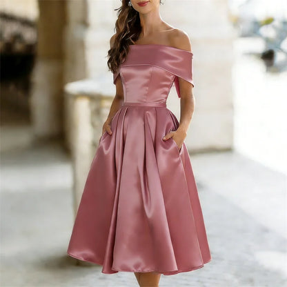 Cardydony Classy Off Shoulderwide Skirted Satin Maxi Dress