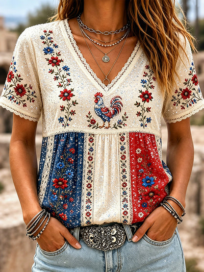 Cardydony Women's Retro Floral With Cock Embroidered Patchwork Art V Neck Linen Blend T-shirt