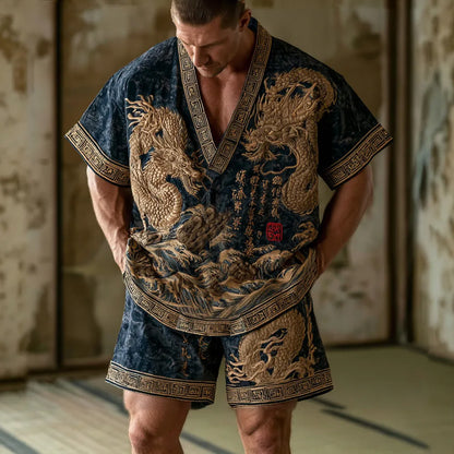 Cardydony Men's Dragon Pattern And Calligraphy Gold Embroidery Vintage Cotton Linen V-neck Top And Shorts Two-piece Set
