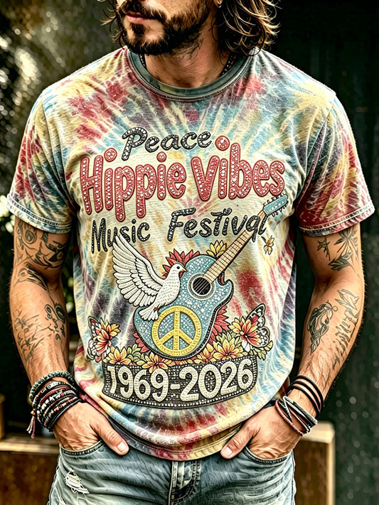 Cardydony Men's Vintage 60s Tie Dye Music Art Hippie Crew Neck T-shirt