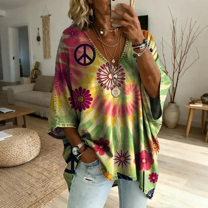 Cardydony Women's Retro Hippie Floral Art Tie-dye Print Casual Cotton Linen T-shirt