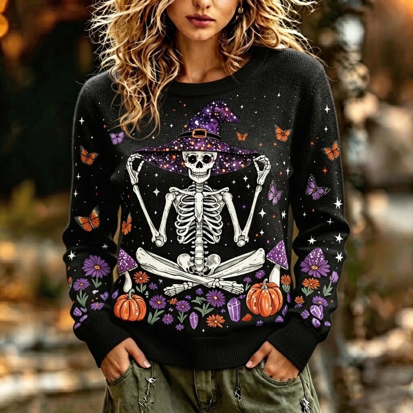 Cardydony Vintage Witch Skull Halloween Weird Mushroom Butterfly Pumpkin Print Crew Neck Sweater