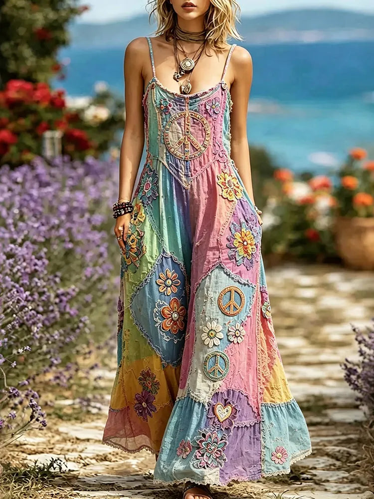 Cardydony Women's Hippie Floral Peace Symbol Embroidered Patchwork Sleeveless Dress