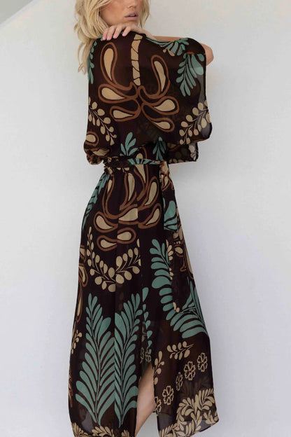 Cardydony Women's Bohemian Style Unique Printed Chiffon Loose-fitting Belted Maxi Dress