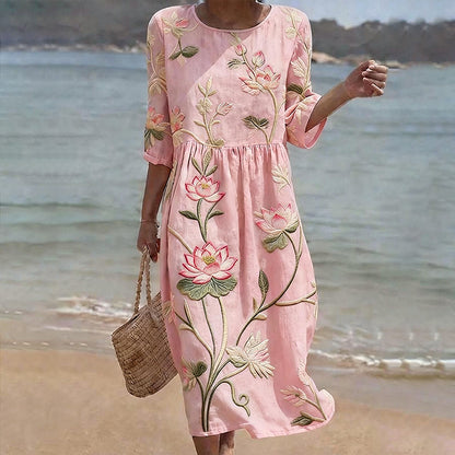 Cardydony Vintage Lotus Art Pattern Linen Blend Loose Three-quarter Sleeve Dress