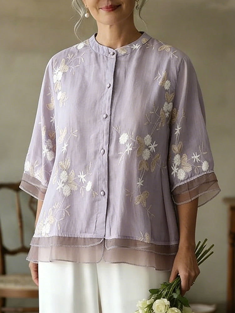Cardydony Women's Floral Embroidered Art Linen Blend Blouse