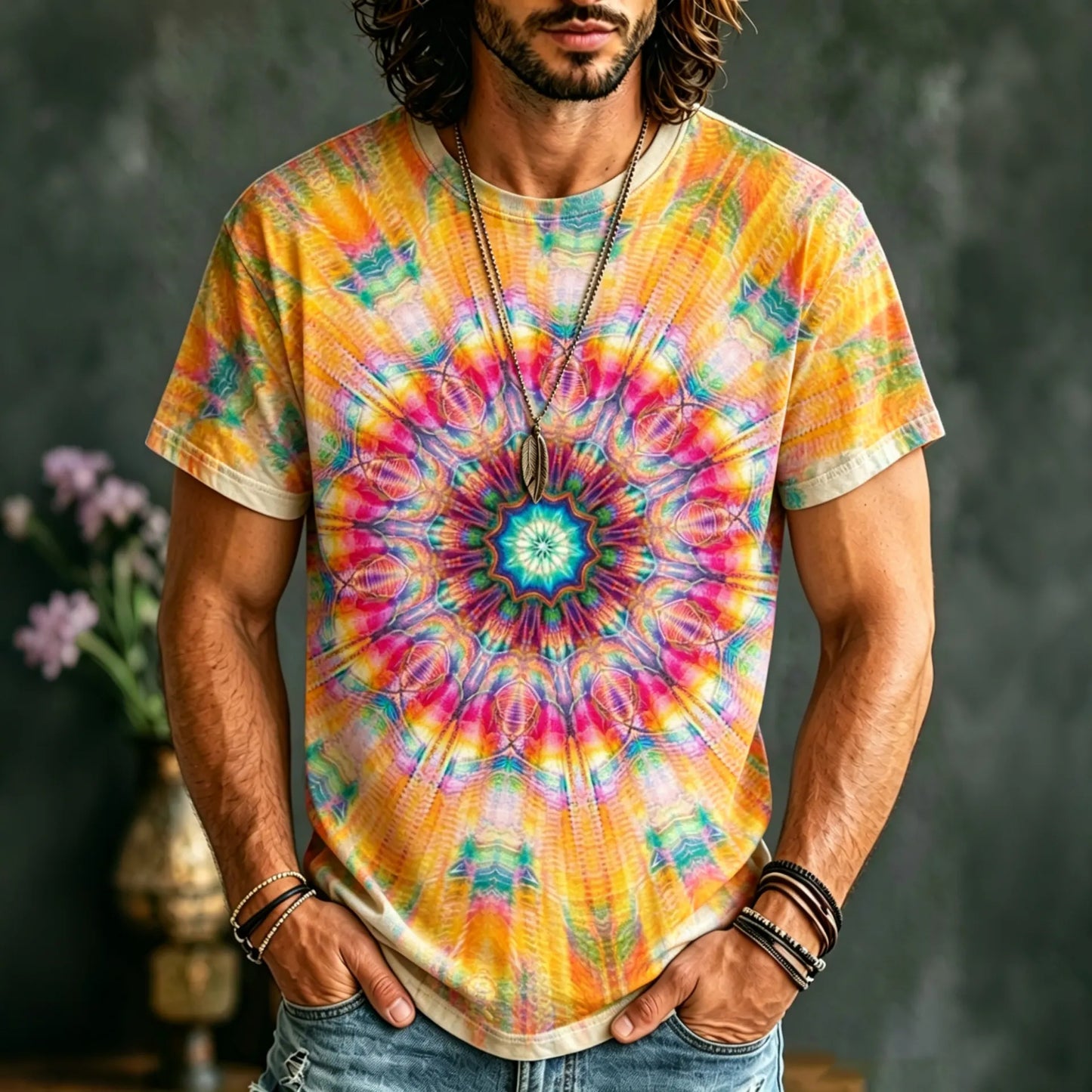 Cardydony Men's Retro Hippie Tie-dye Cotton Linen Short-sleeve T-shirt