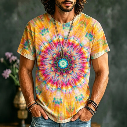 Cardydony Men's Retro Hippie Tie-dye Cotton Linen Short-sleeve T-shirt