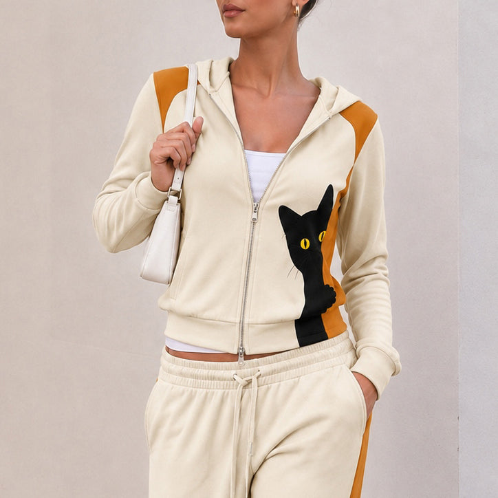 Cardydony Women's Cute Peeping Cat Print Velvet Two Piece Set
