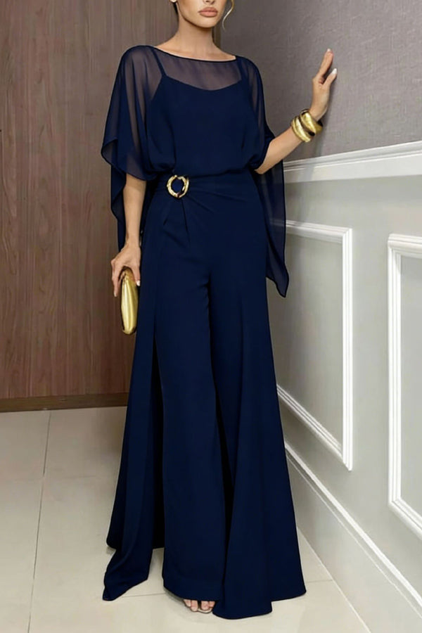 Cardydony Women's Vivian Chiffon Cape Top and  Metal Buckle Wrap Wide-Leg Pants Set