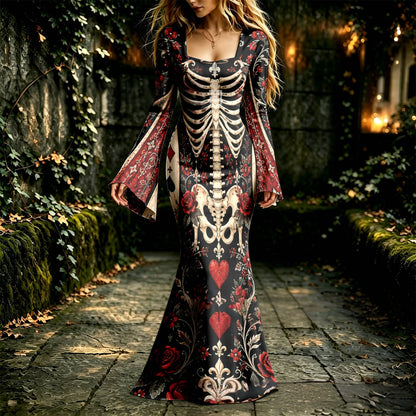 Cardydony Women's Retro Halloween Gothic With Floral Pattern Print Round-neck Maxi Dress