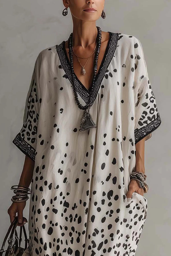 Cardydony Women's  Unique Print V-Neck Half Sleeve Loose Casual Maxi Dress