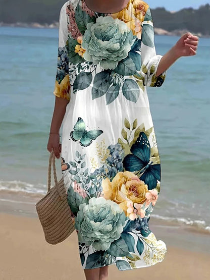 Cardydony Women's Vintage Floral Art Pattern Linen Blend Loose Three-quarter Sleeve Dress