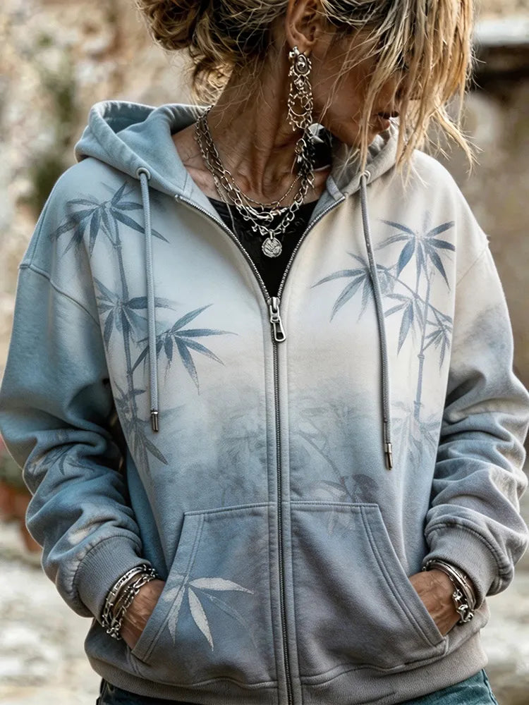 Cardydony Women's Retro Washed Bohemian Soft Gray-blue Washed Bamboo Leaf Print Casual Zip-up Hooded Jacket