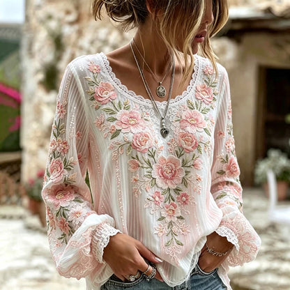 Cardydony Women's Pink Floral Art Embroidered Linen Blend Comfortable Short Sleeve Top