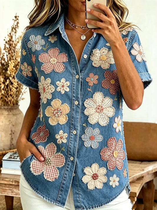 Cardydony Women's Bohemian Vintage Floral Art Print Flowy Linen Blend Casual Tops