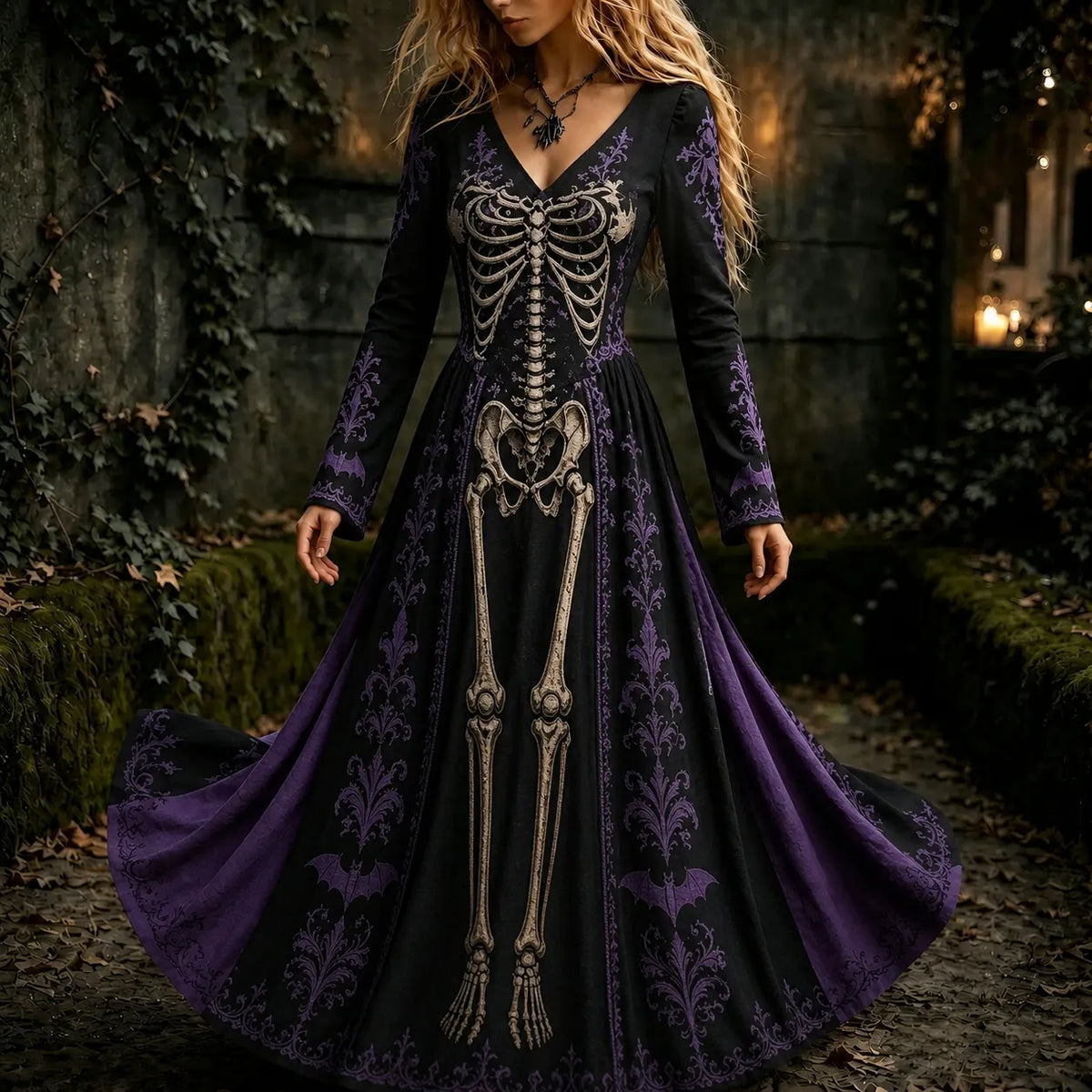 Cardydony Women's Halloween Gothic Skeleton & Floral Gothic Style V-neck Maxi Dress