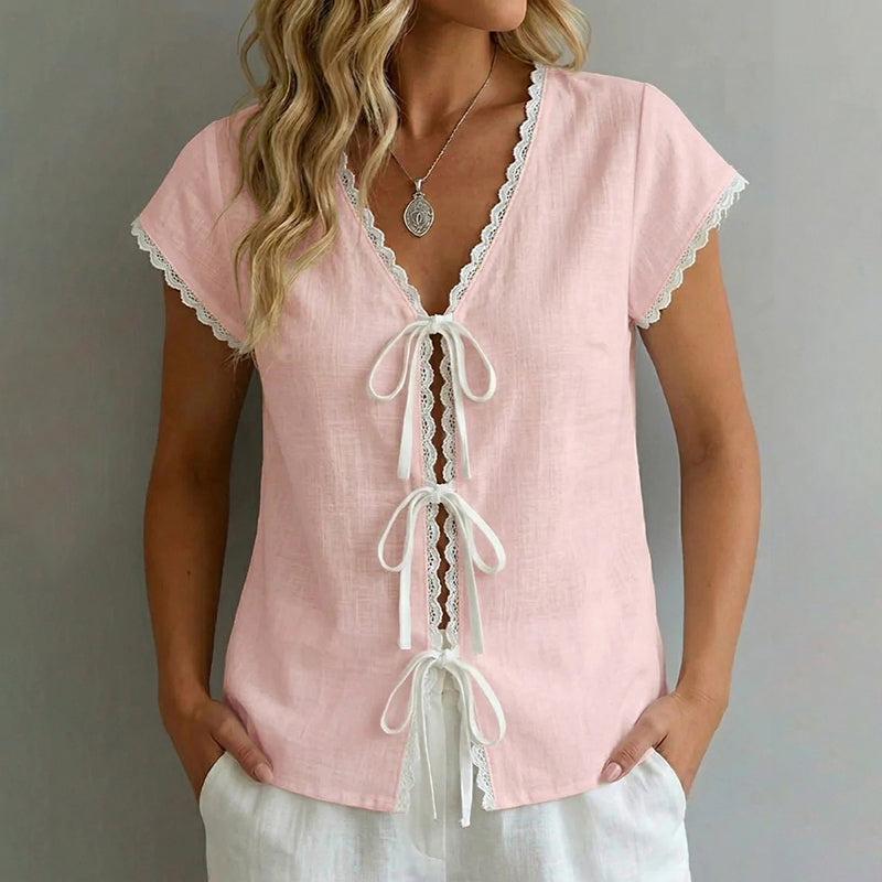 Cardydony Solid Color Lace Contrast Short Sleeved Shirt