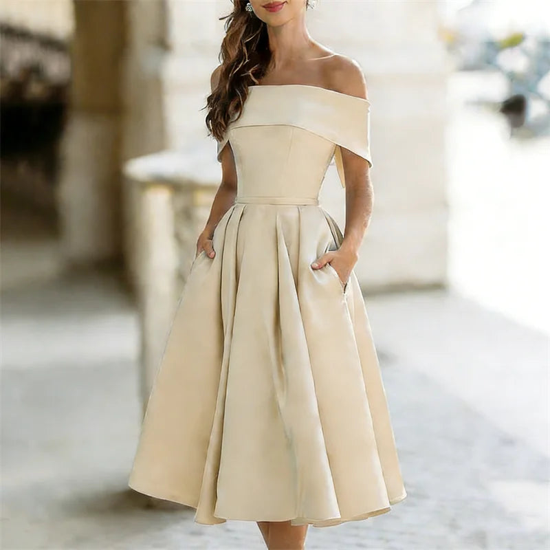 Cardydony Classy Off Shoulderwide Skirted Satin Maxi Dress