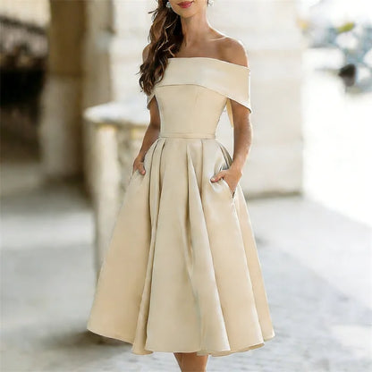 Cardydony Classy Off Shoulderwide Skirted Satin Maxi Dress