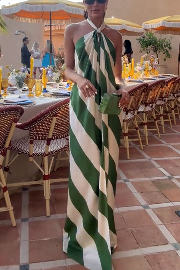 Cardydony Women's Most Dreamy Stripe Print Halter Tie-up Backless Pocket Loose Maxi Dress
