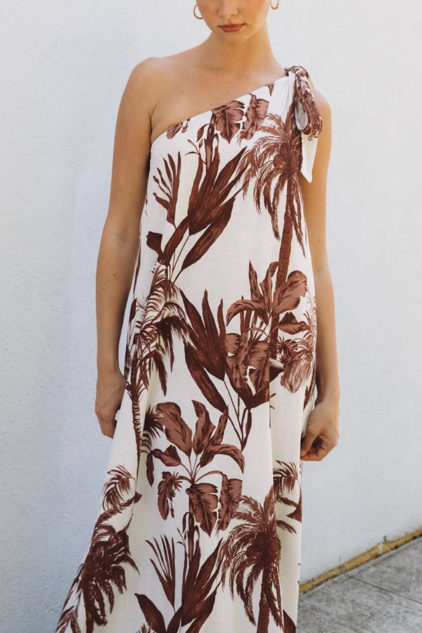 Cardydony Women's Botanical Print Sleeveless One-shoulder Casual Vacation Maxi Dress