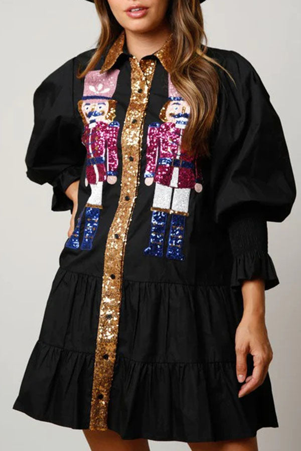 Cardydony Women's Nutcracker Sequined Button Down Long Sleeve Mini Dress