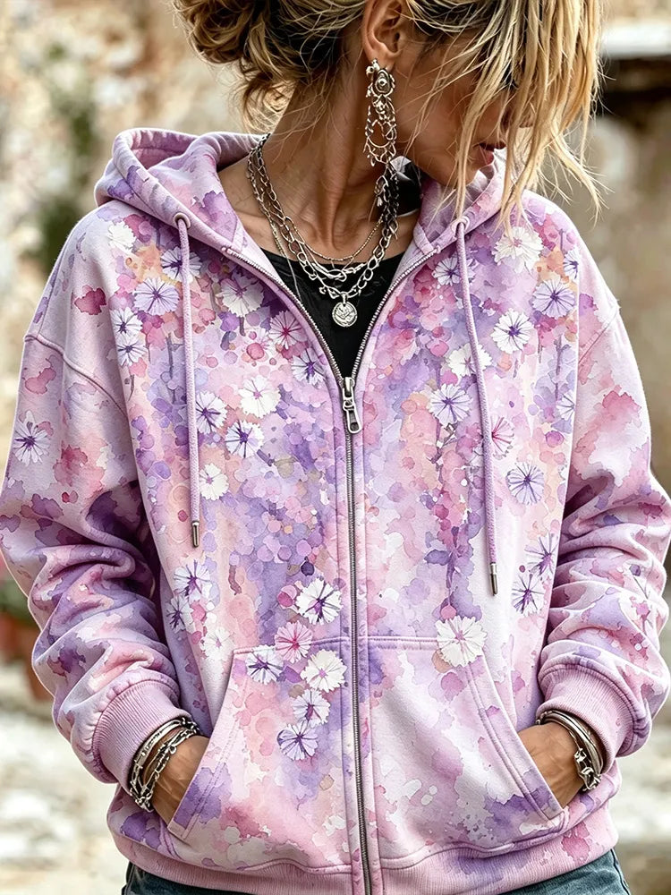 Cardydony Women's Boho Soft Watercolor Daisy Print Casual Loose Zip-up Hooded Sweatshirt