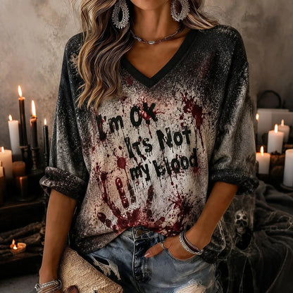 Cardydony Women's I'm Ok It's Not My Blood Printed Mid-length Sleeves V-neck T-shirt