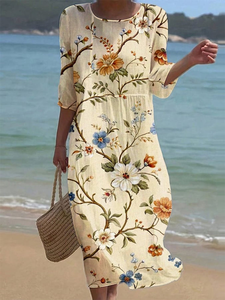 Cardydony Vintage Floral Art Linen Blend Loose Linen Dress