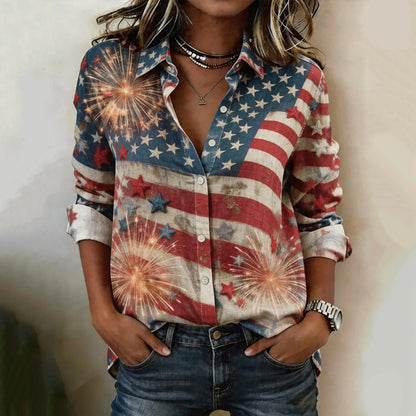 Cardydony Women's Vintage Independence Day Firework Printed Button Casual Shirt