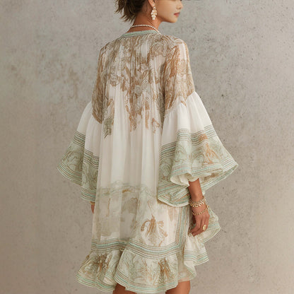 Cardydony Hermokrates Bell Sleeve Print Ruffle Mini Dress