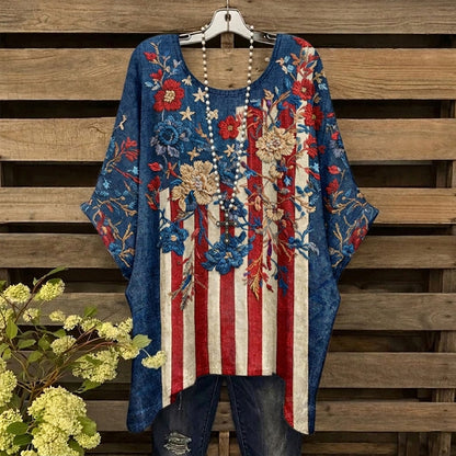 Cardydony Women's Floral Flag Stripe Art Print Casual Linen T-shirt