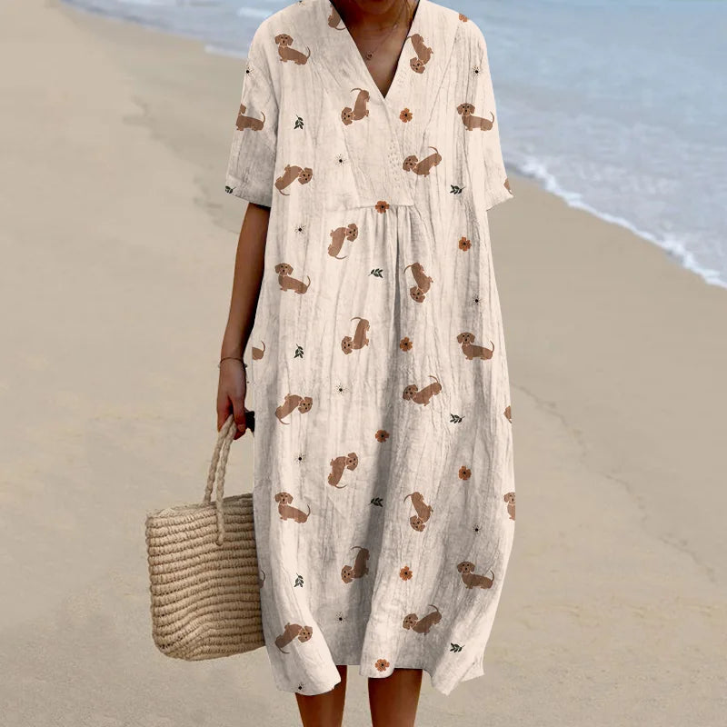 Cardydony Women's Retro Cute Dachshund Dog Art Linen Dress