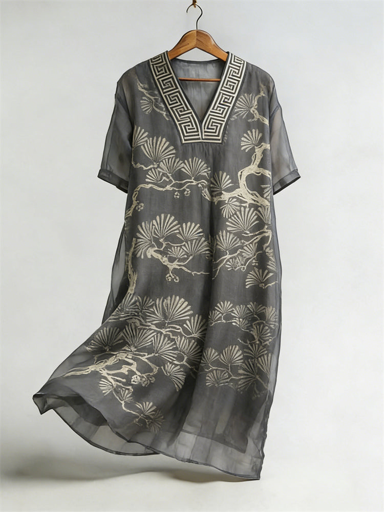 Cardydony Pine Trees Japanese Lino Art Flowy Linen Maxi Dress