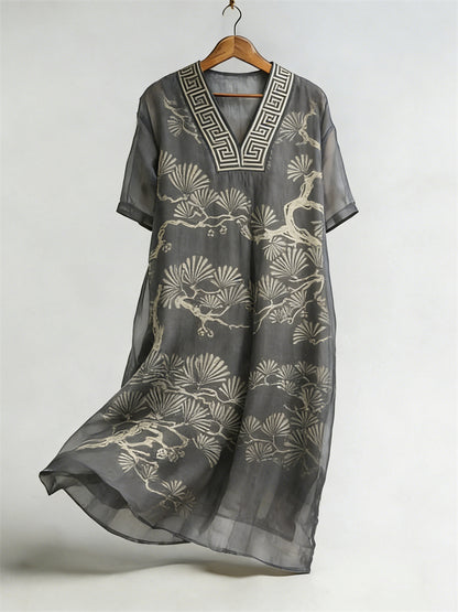 Cardydony Pine Trees Japanese Lino Art Flowy Linen Maxi Dress