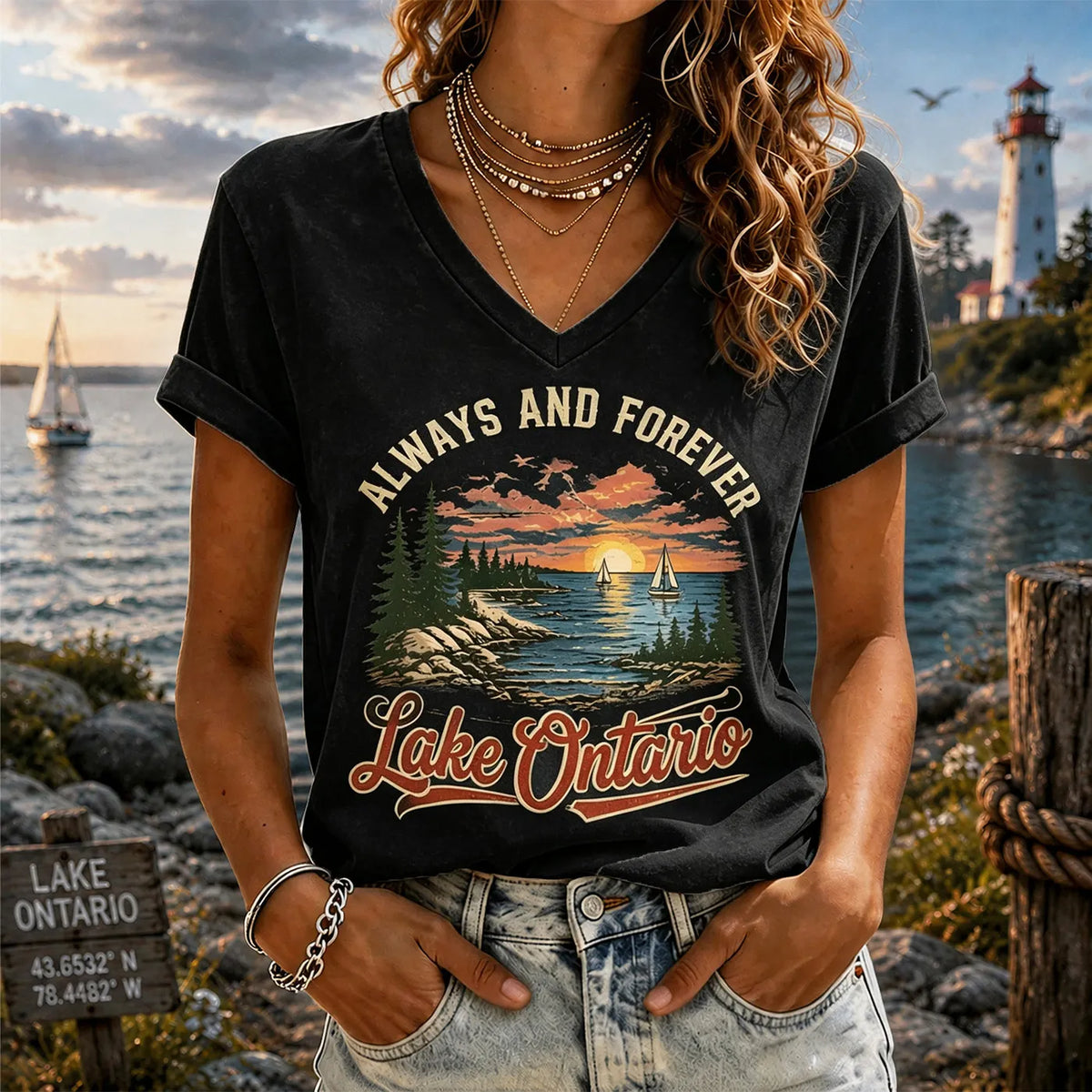 Cardydony Retro Sunset Lakeside Ontario Timeless V-neck T-shirt