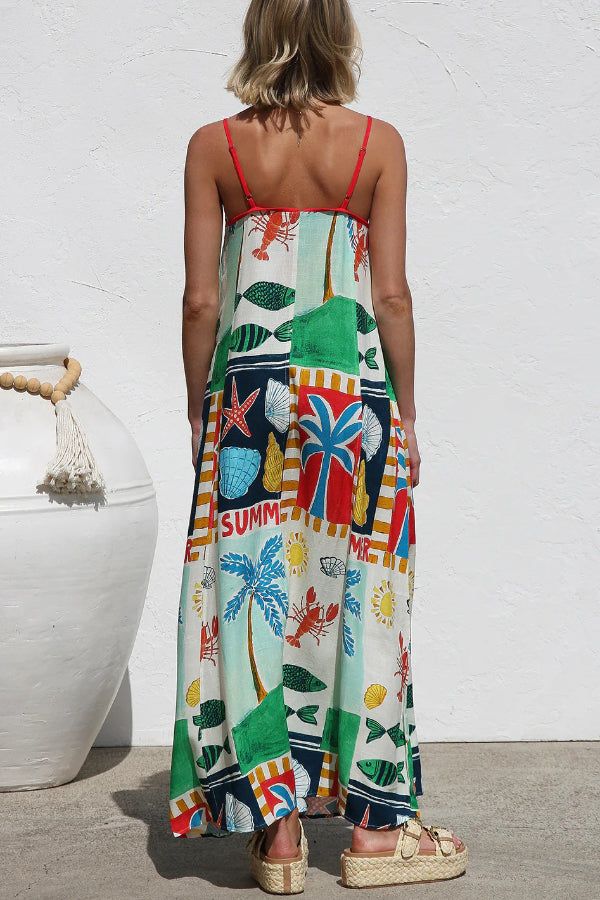 Cardydony Women's Summer-themed Printed Square Neck Sleeveless Pocket Loose Maxi Dress
