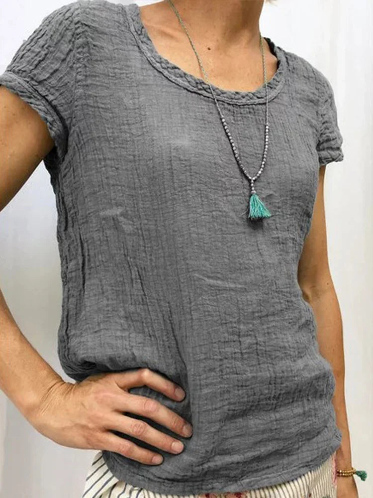 Cardydony Vintage crew neck casual linen T-shirt